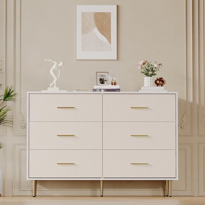 6-Drawer Dresser, Modern White Wooden Chest w/Gold Metal Legs & Handles, Narrow Storage Cabinet for Bedroom, Living Room, Entryway Organizer