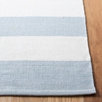 Ivory and Sky Blue Striped Cotton Flat Woven Rug