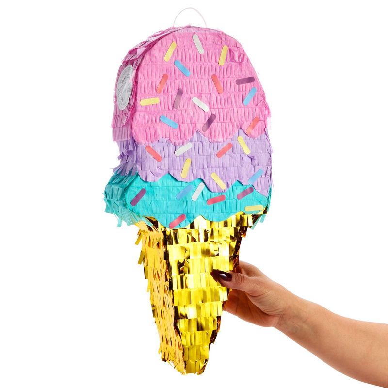 Blue Panda Ice Cream Pinata for Birthday Party, Colorful Sprinkles and Gold Foil Fringed Cone for Ice Cream Party Supplies, Small, 7.6 x 2.9 x 16.4 in, 4 of 9