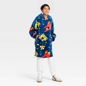 Boys' SpongeBob SquarePants Oversized Plush Hooded Sweatshirt - Blue - 1 of 3