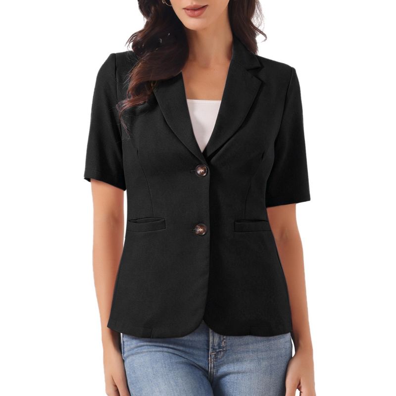 INSPIRE CHIC Women's Short Sleeve Notched Collar Lapel Open Front Business Work Casual Suit Blazer Small Black