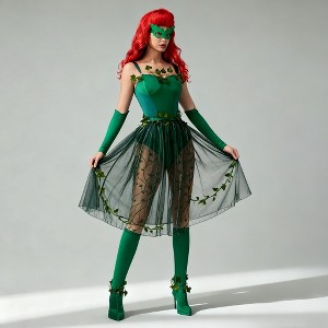 Joyfy 9pcs Green Ivy Costume for Women, Complete Villain Cosplay Set with Wig, Bodysuit & Boot Covers for Halloween Theme Comic Con Parties - 1 of 4