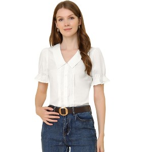 Allegra K Women's V Neck Pleated Short Sleeve V Neck Button Down Shirts - 1 of 4