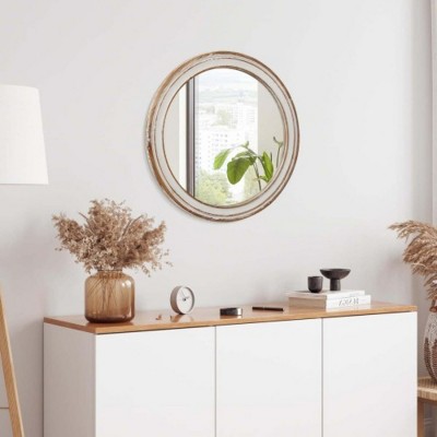 23.62" Round Wall Mirror with Whitewash Wood Frame, Farmhouse Circle Mirror for Bathroom Vanity, Bedroom, Living Room, Entryway- The Pop Home