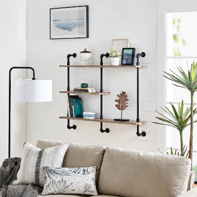 Aurora Rustic Black Iron and Wood 3-Tier Wall Shelf