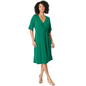 Roaman's Women's Plus Size Flutter Sleeve Faux Wrap Dress - 1 of 2