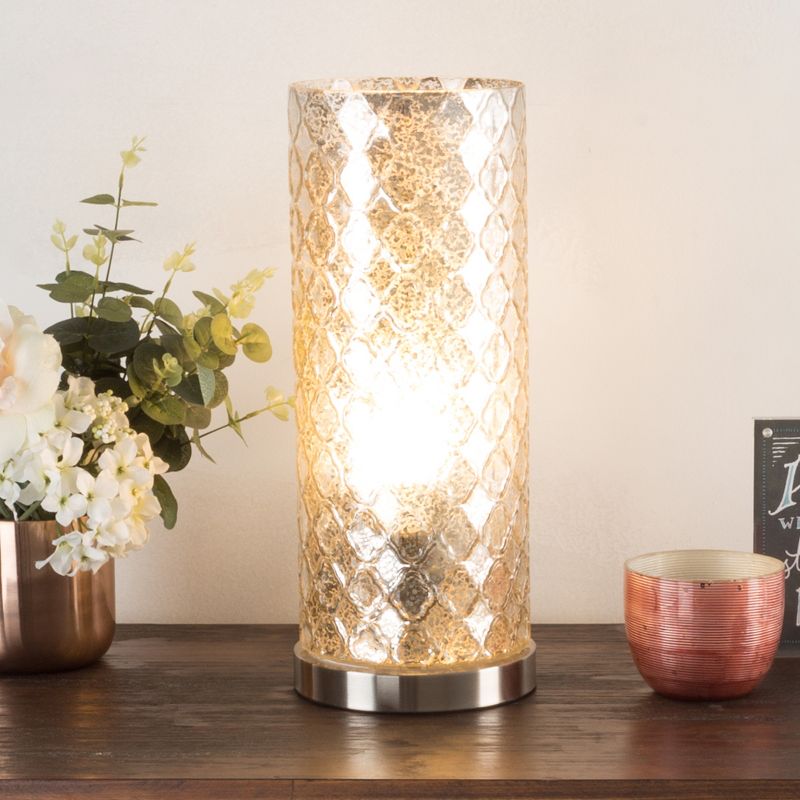 LED Uplight Table Lamp with Silver Mercury Finish, Embossed Trellis Pattern and Included LED Light Bulb for Home Uplighting by Hastings Home, 1 of 8