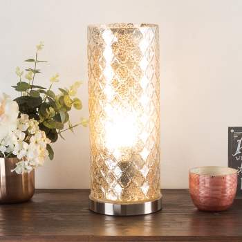 LED Uplight Table Lamp with Silver Mercury Finish, Embossed Trellis Pattern and Included LED Light Bulb for Home Uplighting by Hastings Home