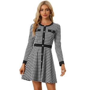 INSPIRE CHIC Women's Houndstooth Plaid Contrast Color Crew Neck Button Front Elegant A-Line Dress - 1 of 4