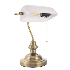 DORESshop 14 in. Banker Task and Reading Elegant Gold Bedside Lamp with White Glass Shade, Desk Light with Pull Chain for Bedroom - 1 of 4
