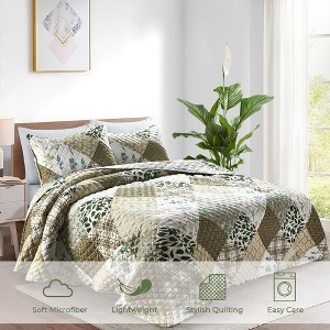 Peace Nest Premium Ultra Soft Reversible Quilted Coverlet Set, King, Green Leaves - 1 of 4