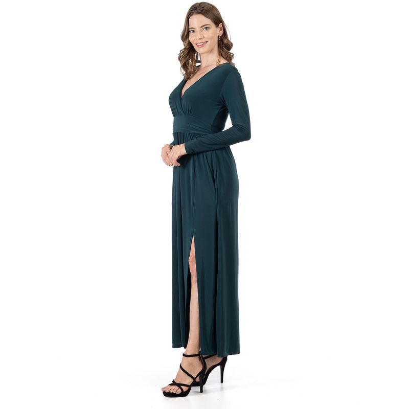 24seven Comfort Apparel Womens Long Sleeve V Neck Side Slit Maxi Dress, 2 of 5