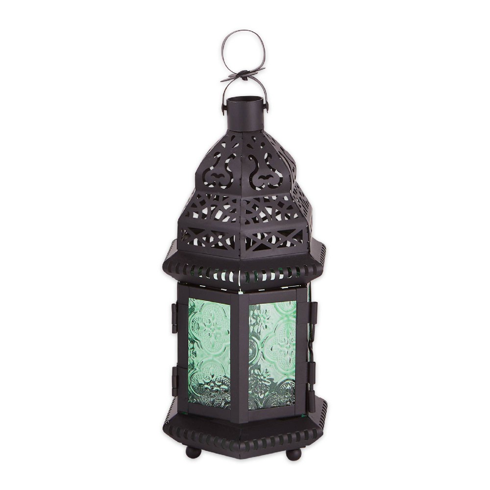 Photos - Figurine / Candlestick 10.25" Iron/Glass Moroccan Style Outdoor Lantern Green - Zingz & Thingz