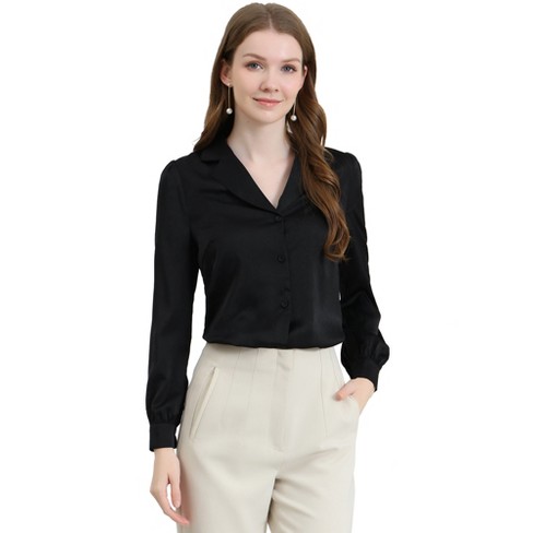 Allegra K Women s Elegant Collar V Neck Long Sleeve Work Office Satin Button Down Shirt Black Medium Target