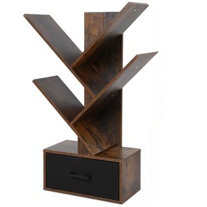 3-Tier Tree Bookshelf with Drawer Rustic Small Floor Standing Bookcase Desktop Organizer for Home Office Living Room, Brown - 1 of 4
