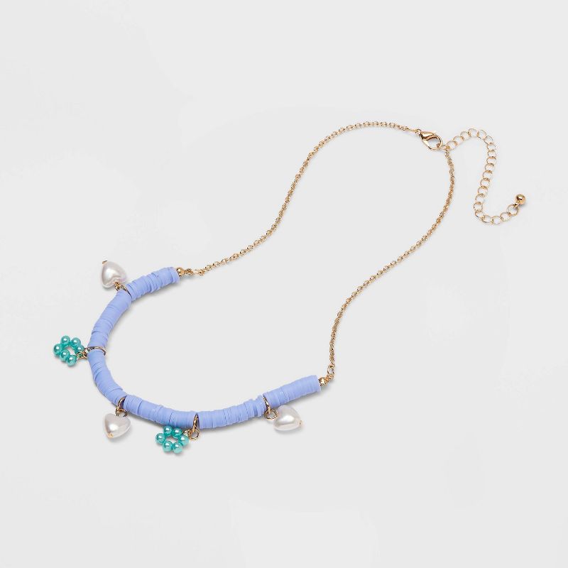 Heishi Beaded Floral and Simulated Pearl Heart Chain Necklace - Wild Fable&#8482; Blue, 4 of 6