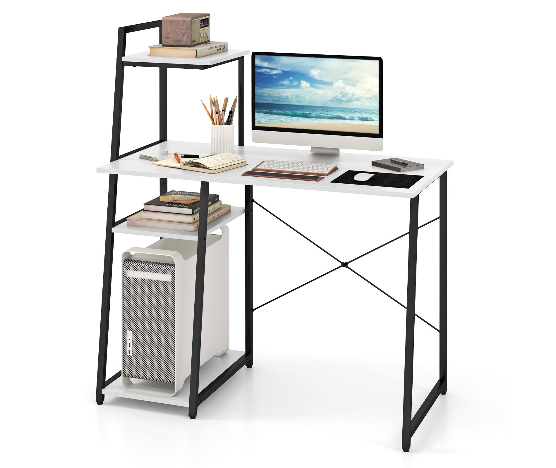 Costway Computer Desk with Shelves 3-Tier Storage Bookshelf Ladder-shaped Metal Frame