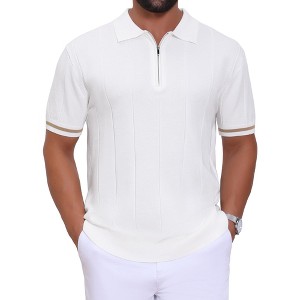 INSPIRE CHIC Men's Zip Up Ribbed Hem Short Sleeve Golf Textured Polo Shirt - 1 of 4