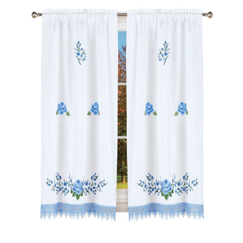 Collections Etc Embroidered Blue Rose with Lace Window Drapes, 1 of 4