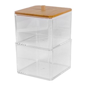 Unique Bargains Square Bamboo Cover Acrylic Cotton Swab Holder Bathroom Transparent Wood-Tone 1 Pc - 1 of 4