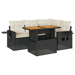 vidaXL Patio Sofa Set with Cushions Table and Storage Seats 5 Piece Poly Rattan - Black and Cream with Storage - 1 of 4