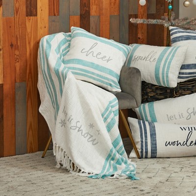 White and Aqua Rectangular Holiday Lumbar Pillow