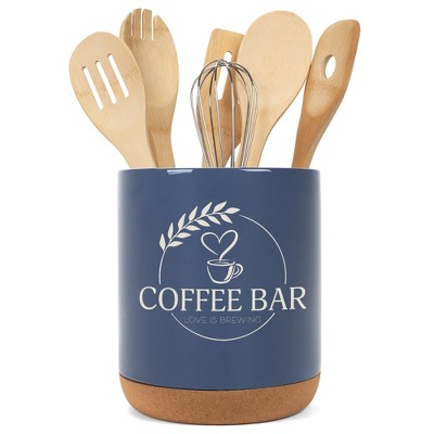 Elanze Designs Coffee Bar Love Is Brewing Ceramic Cork Bottom Navy Blue Large Capacity Utensil Holder Crock for Countertop Storage, Stylish & Durable