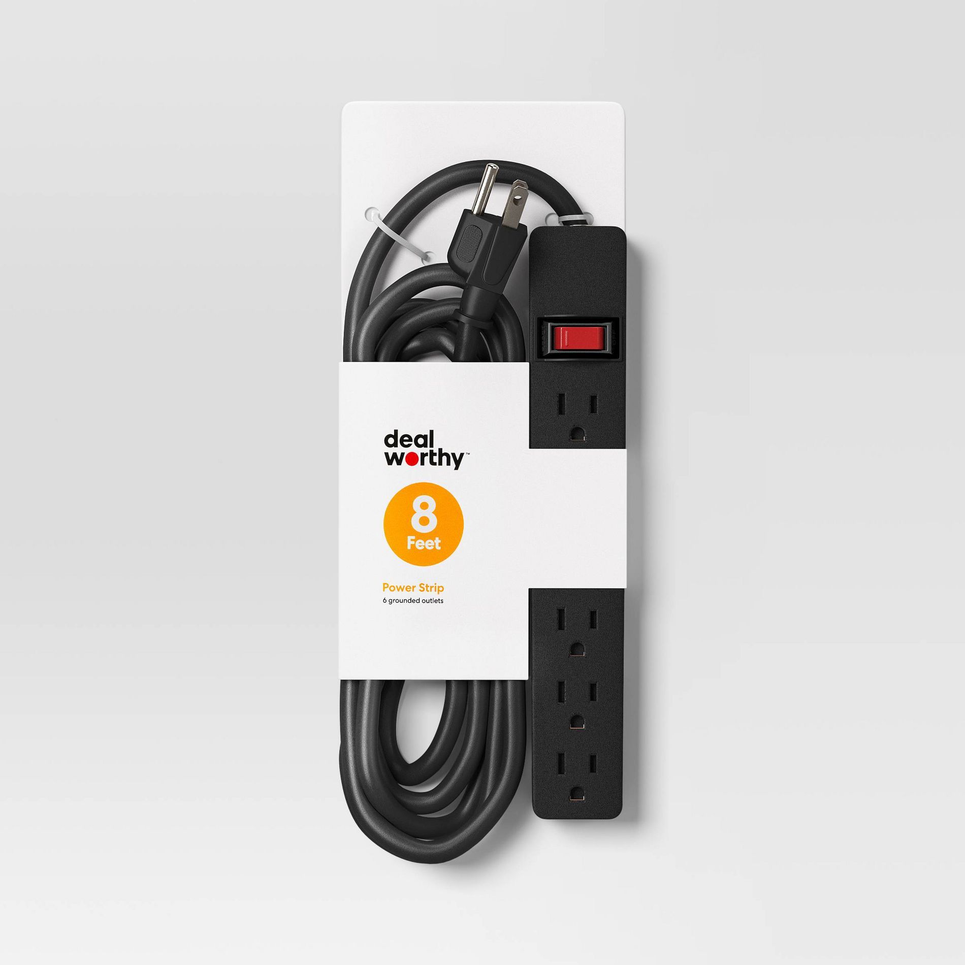 8’ 6 Outlet Indoor Power Strip Black – Dealworthy™: 15A, 1875W, 14 AWG, 8ft Extension Cord, 3 Conductors