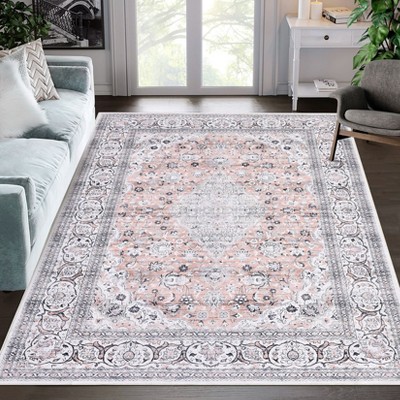 Vintage Distressed Area Rug Machine Washable Low Pile Living Room Rug Stain Resistant Non-Slip Low-Pile Floor Carpet For Home Decor