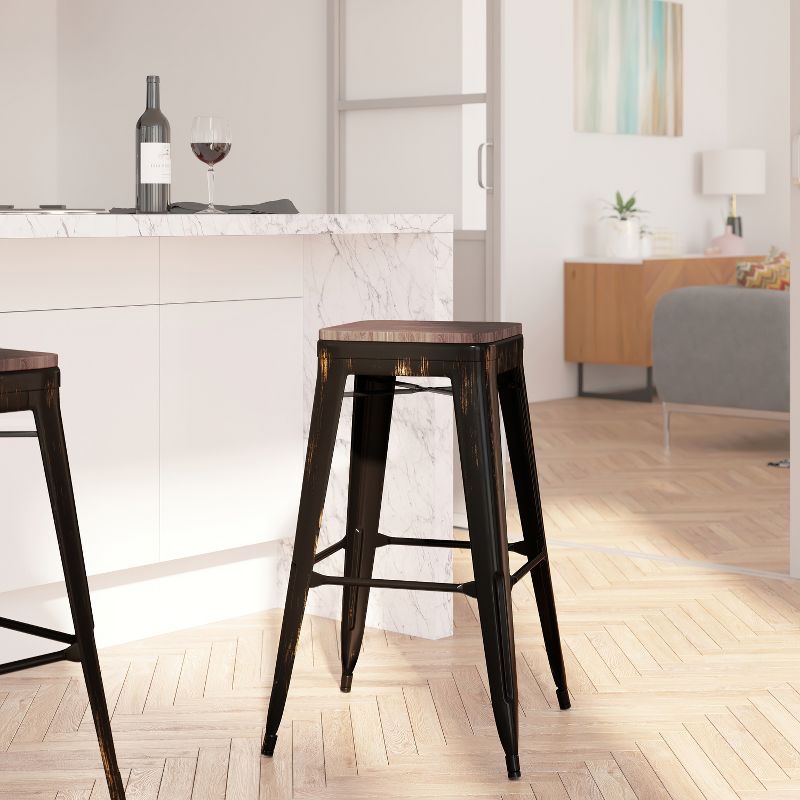 Merrick Lane Backless Metal Dining Stool with Wooden Seat for Indoor Use, 6 of 14