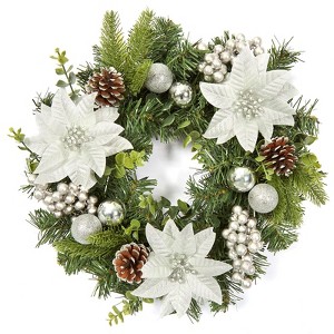 16 Inch Christmas Wreath for Front Door, Xmas Door Wreath with Balls, Artificial Flowers, Berries & Pine Cones for Fireplace  Window Table Centerpiece - 1 of 4