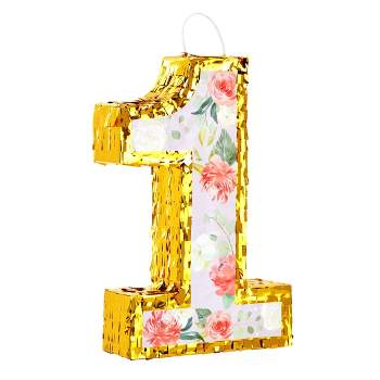 Blue Panda Small Floral Number 1 Pinata with Gold Foil & Pull Strings for Girls 1st Birthday Party Decorations, 16.5 x 10.6 x 3 in