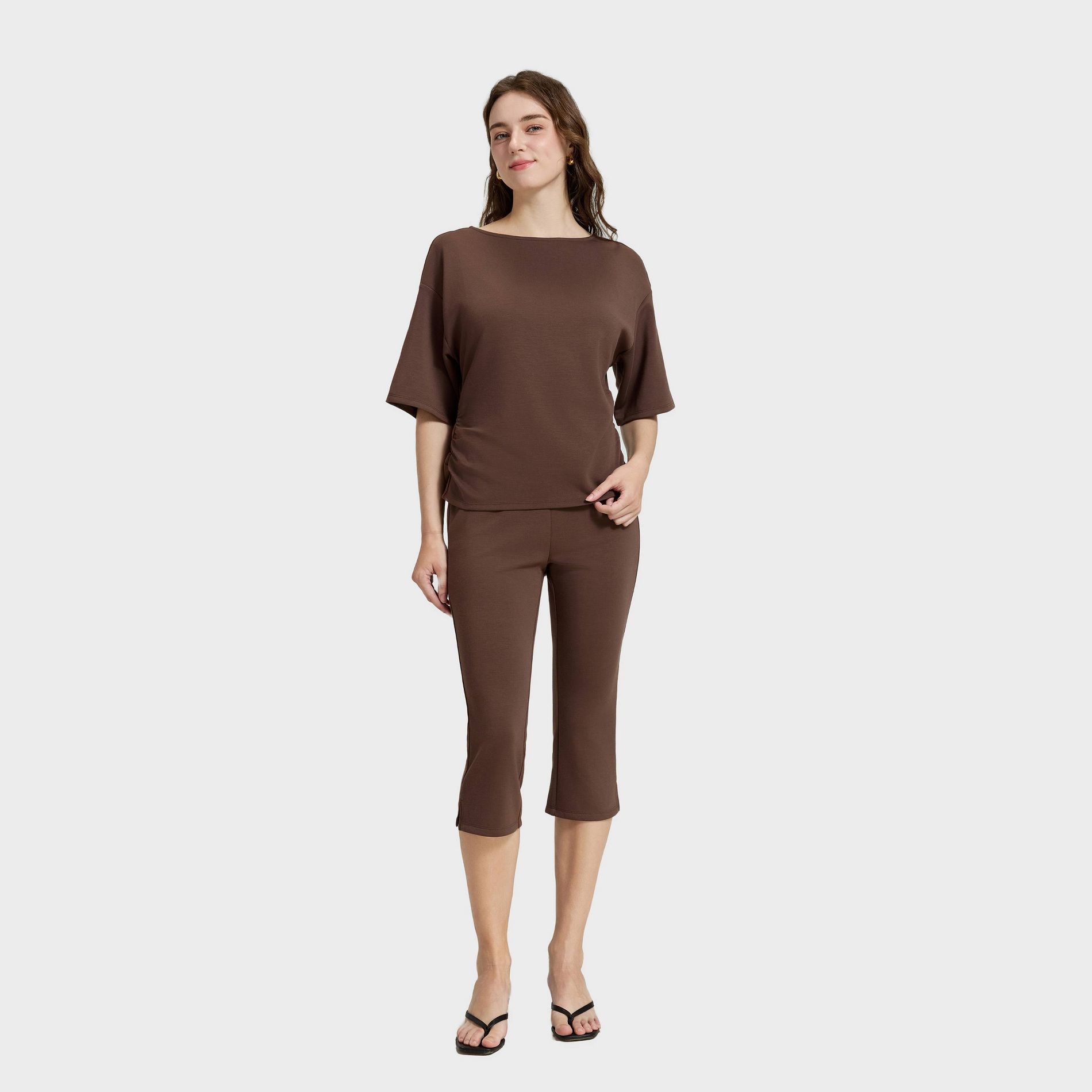 Women's Elbow Sleeve Boat Neck Scuba Knit T-Shirt - A New Day™ Dark Brown