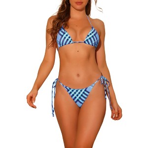 Elerevyo Women's Triangle Halter High Cut Tie Side Plaid Print String Bikini Swimsuits Bathing Suits 2 Pcs - 1 of 4