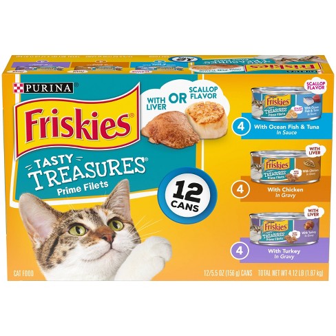 Purina Friskies Tasty Treasures Prime Filets Ocean Fish Chicken Turkey Wet Cat Food 5.5oz 12ct Variety Pack