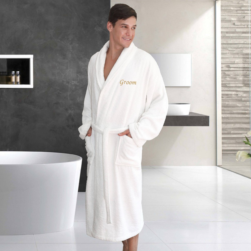 Linum Home Textiles S/M Groom Bathrobe White : Microfiber, Machine Washable, Non-Slip Backing