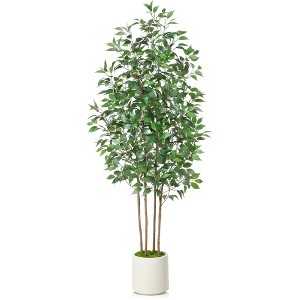5-7FT Adjustable Ficus Tree Fake Plants Artificial Tree with Real-Wood Branches & White Planter  Indoor/Outdoor Floor Plant by DR.Planzen - 1 of 4