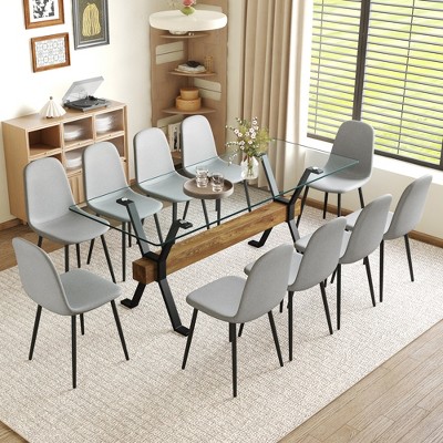 11-Piece Dining Set with Glass Table and 10 Armless Chairs