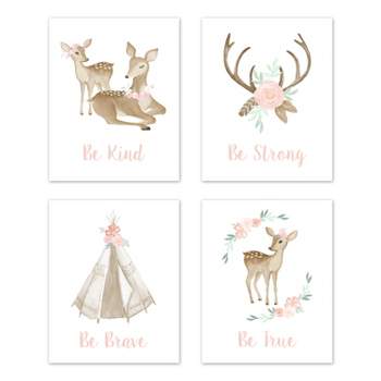 Sweet Jojo Designs Girl Unframed Wall Art Prints for Décor Deer Floral Pink Green and White 4pc