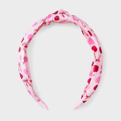 Valentines Day Printed Heart, Rose, and Bow Top Knot Headband - Pink/Red