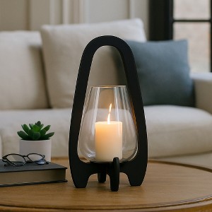 Decorative Glass Lantern Candle Holder with Wood Handle - Stylish Pillar Candlestick Holder for Table Centerpiece or Living Room Decor - 15", Black - 1 of 4