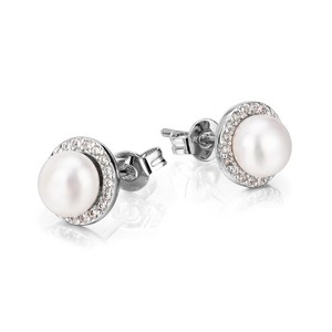 Vintage-Inspired Freshwater Cultured Pearl & White Topaz Halo Earrings - 1 of 4