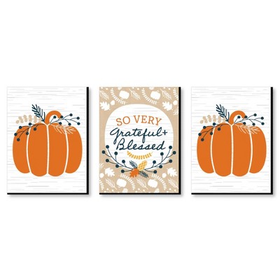 Big Dot of Happiness Happy Thanksgiving - Grateful and Blessed Wall Art, Pumpkin Room Decor and Fall Decorations - 7.5 x 10 inches - Set of 3 Prints