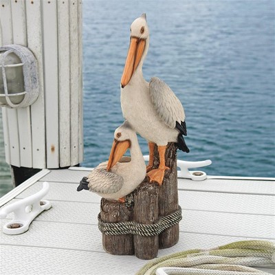Coastal Pelican Pair on Faux Wood Pilings Statue