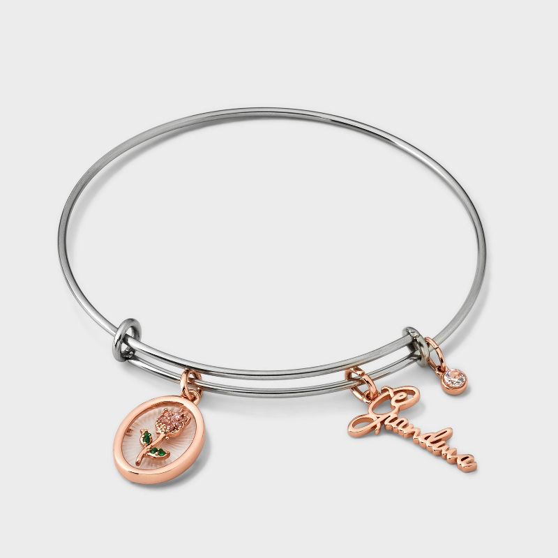 Silver Plated Two-Tone &#34;Grandma&#34; Rose and Cubic Zirconia Bezel Bangle Bracelet - Rose Gold/Silver, 2 of 4