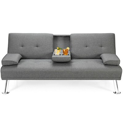 Costway Convertible Folding Futon Sofa Bed Fabric w/2 Cup Holders Light Gray/Dark Gray