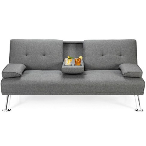 Costway Convertible Futon Sofa Bed Fabric W/2 Cup Holders Light :