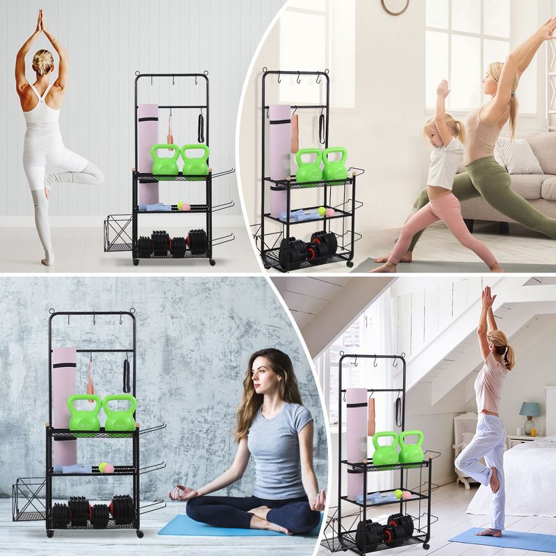 Yoga Mat Storage Racks with Hooks and Wheels, 3 Tier Movable Equipment Storage Organizer, Home Gym Storage Rack for Dumbbell Kettlebell Yoga, 5 of 6