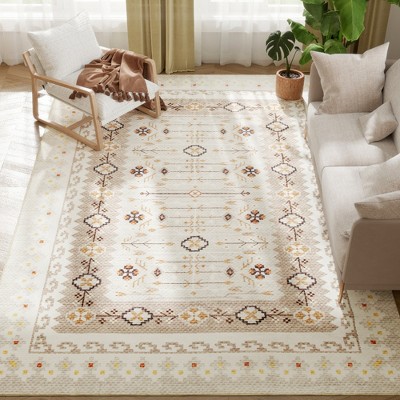 HOMCOM Machine Washable Area Rug 8x10, Non-Slip Boho Flannel Print Floor Cover Foldable Carpet for Living Room, Bedroom, Dining Room, Brown