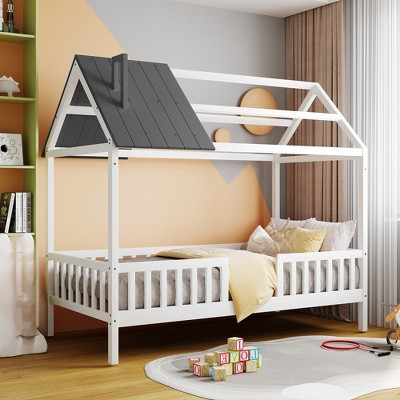 Twin Size Solid Wood Bedframe, House Bed With Fence, No Box Spring Needed W/Roof For Kids, Teens, Boys, Girls Kidroom 78.3"L x 41.7"W x 71.2"H